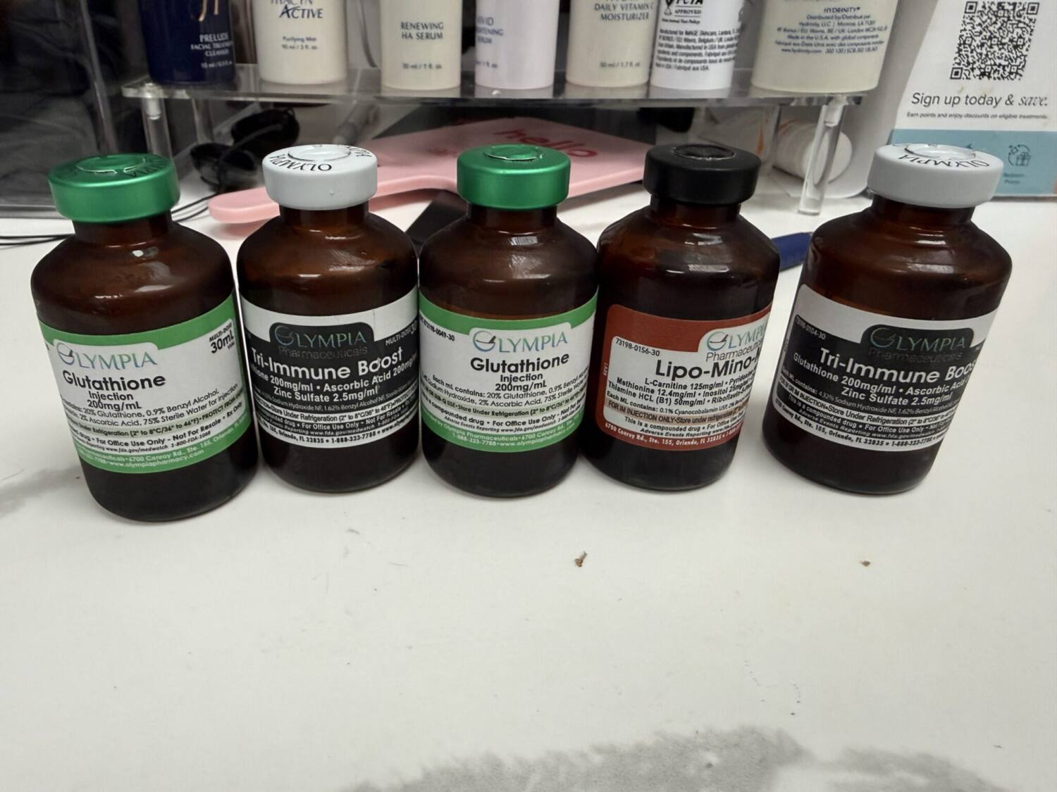 Olympia compounded IV and wellness vials — glutathione, Tri-Immune, Lipo-Mino and NAD+ at LuXe Concierge Aesthetics, Davie FL
